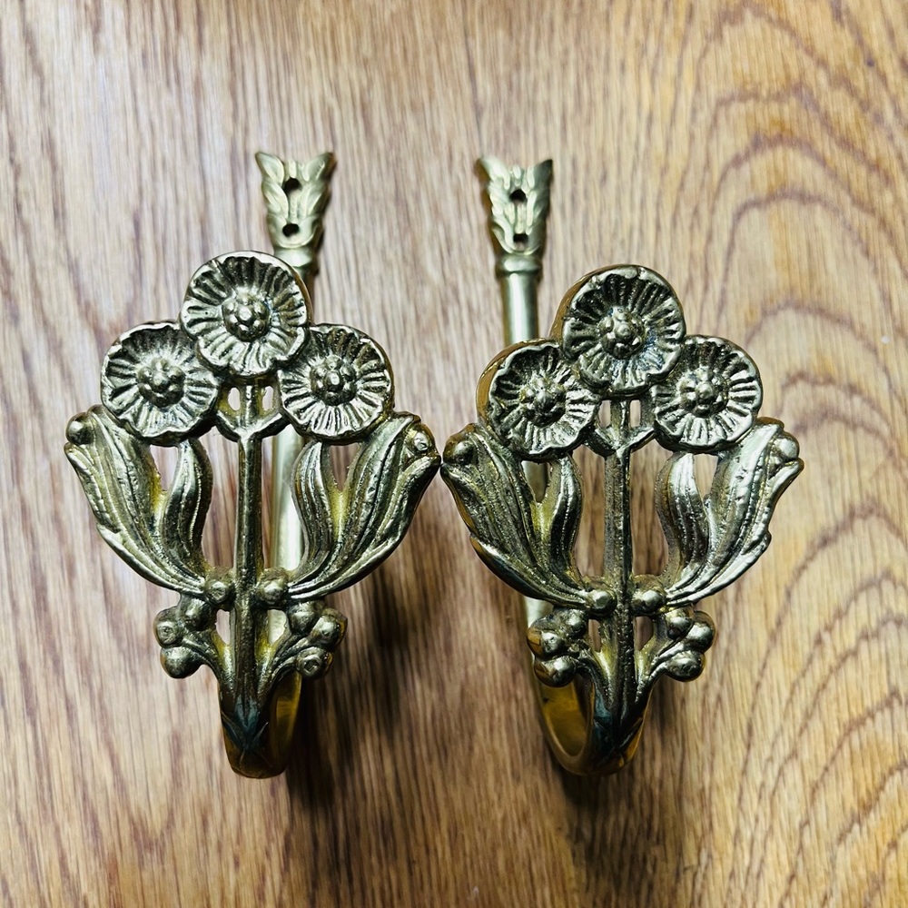 Vintage Floral Solid Brass Germany Curtain Tieback Hooks